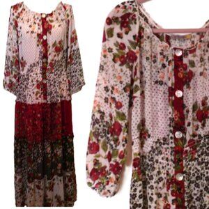 Maxi Dress 1X floral patchwork print chiffon 3/4 sleeve summer bohemian hippie
